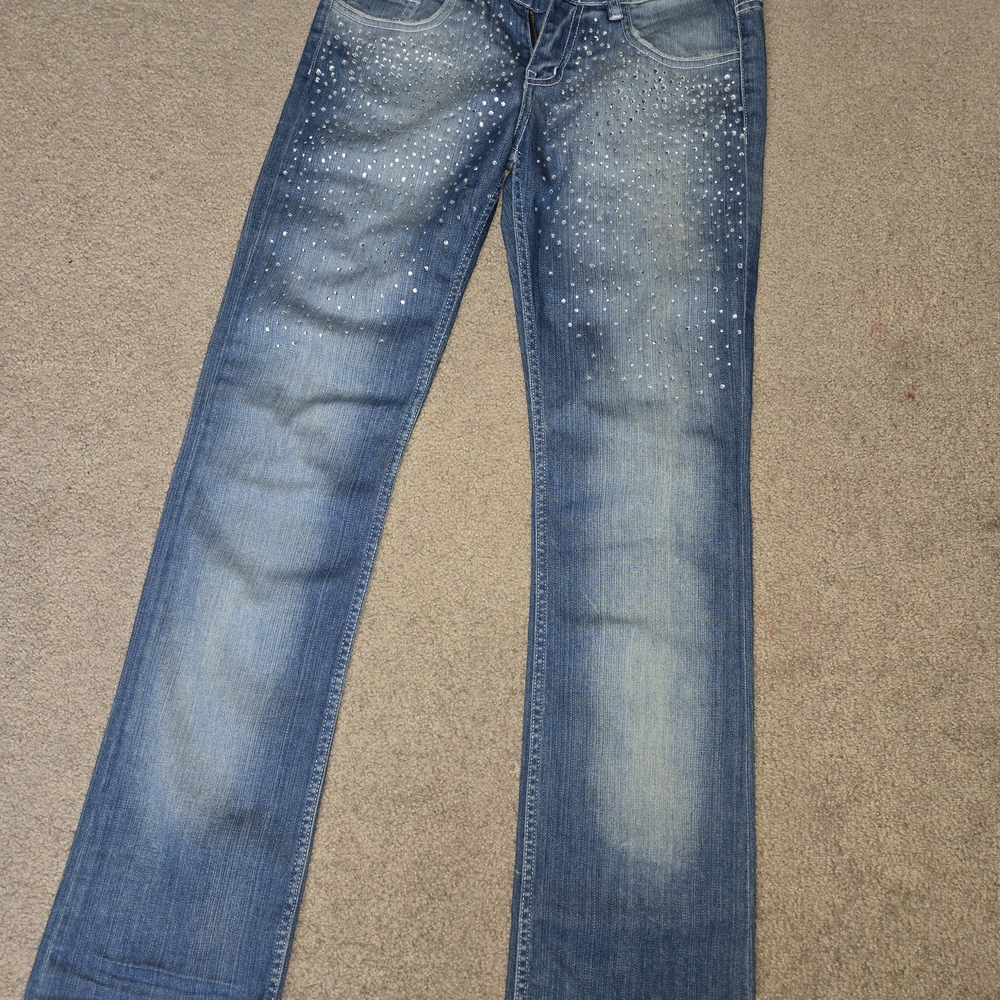 Local European Blue Straight Leg Jeans with Studded Detail
